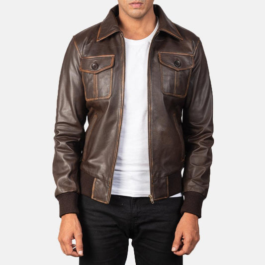 Brown Leather Bomber Jacket