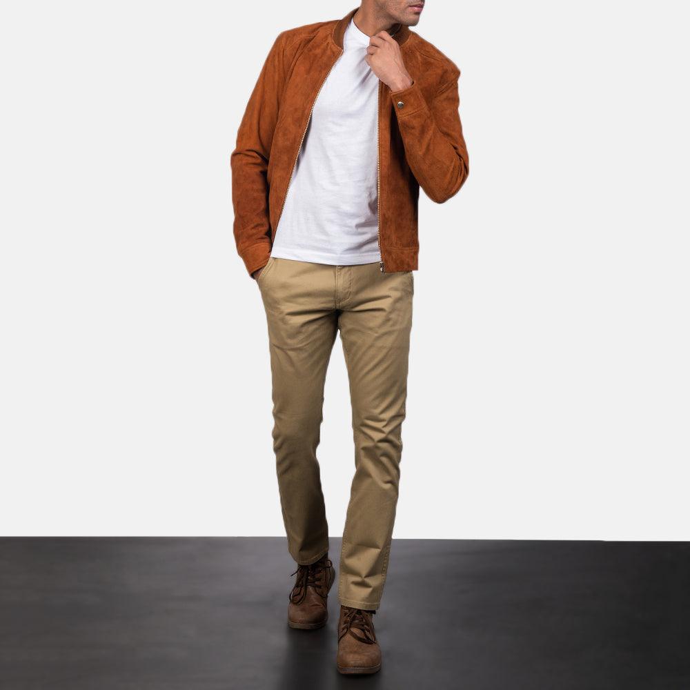 Brown Suede Bomber Jacket Men-5