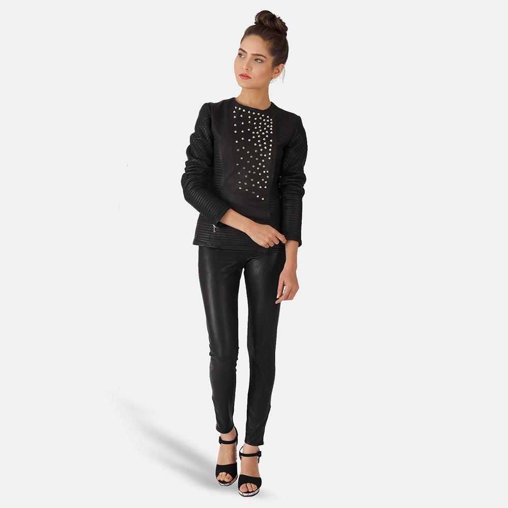 Womens Celeste Studded Black Leather Jacket-5