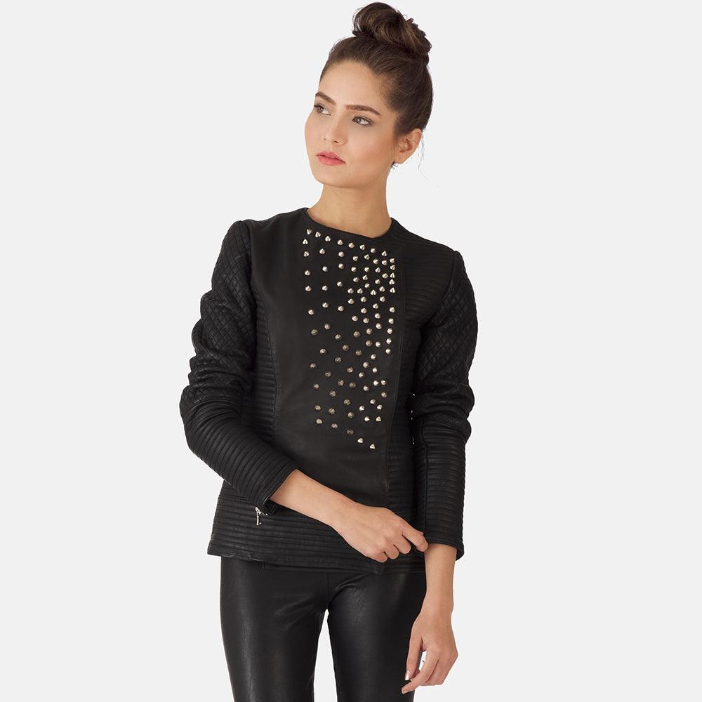 Womens Celeste Studded Black Leather Jacket-4