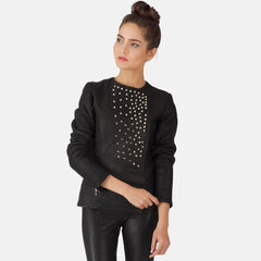 Womens Celeste Studded Black Leather Jacket-4