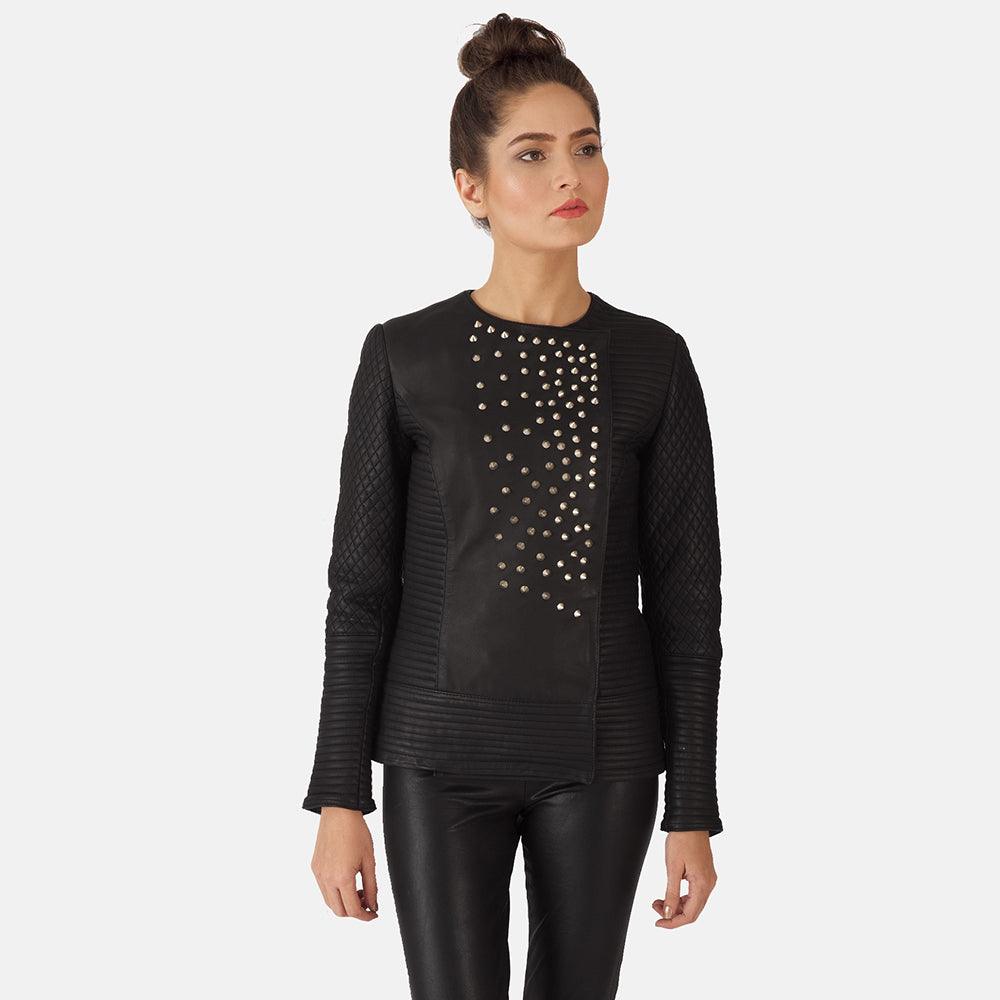 Womens Celeste Studded Black Leather Jacket-1