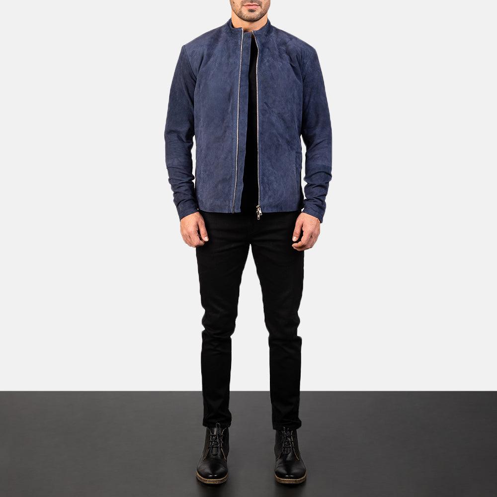 Charcoal Navy Blue Suede Biker Jacket-5