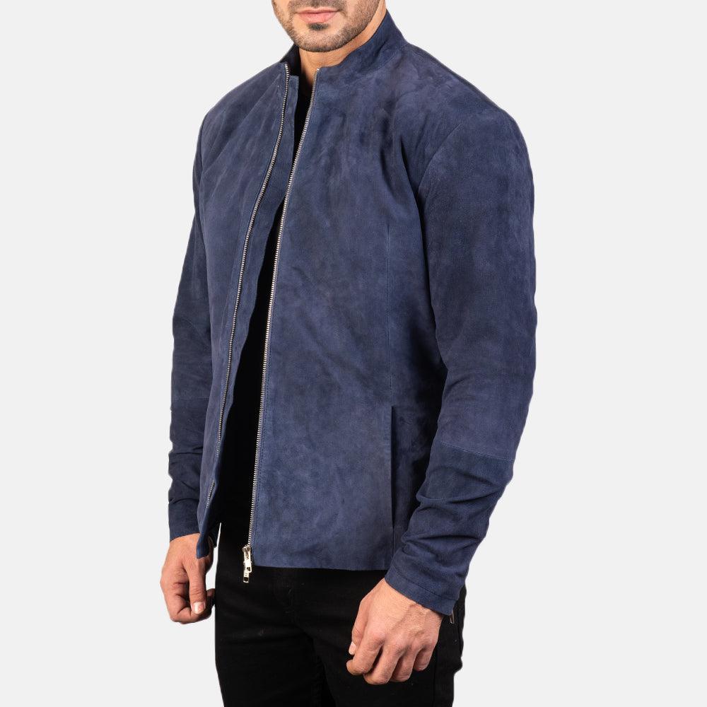 Charcoal Navy Blue Suede Biker Jacket-4
