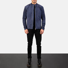 Charcoal Navy Blue Suede Biker Jacket-5
