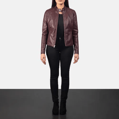 Maroon Leather Biker Jacket For Women