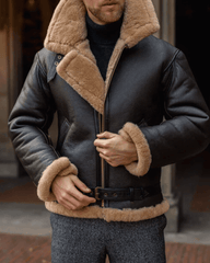 Men RAF Aviator Bomber Real Shearling Sheepskin Leather Jacket-4