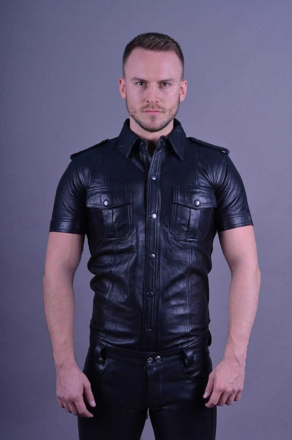 Mens-Black-Genuine-Leather-Short-Sleeve-Shirt-Front