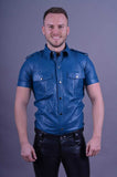 Mens-Blue-Leather-Short-Sleeve-Button-Up-Shirt-Front
