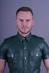 Mens-Green-Leather-Short-Sleeve-Button-Up-Shirt-Close-Up