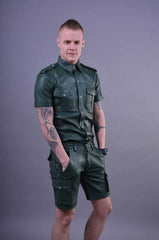 Mens-Green-Leather-Short-Sleeve-Button-Up-Shirt-Side-Full