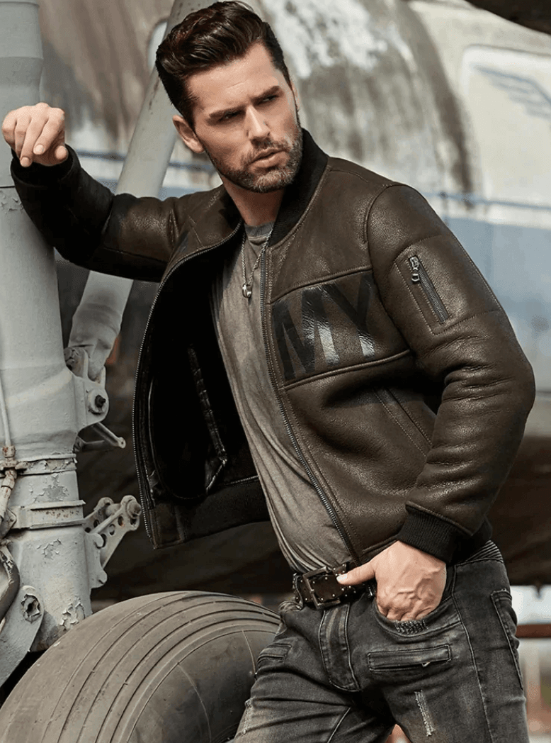 Mens Army Green Suede Leather Ma-1 Bomber Jacket Side