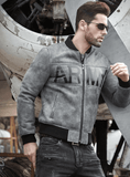 Mens Army Grey & Black Leather Ma-1 Bomber Jacket Side