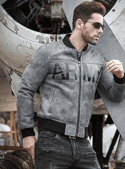 Mens Army Grey & Black Leather Ma-1 Bomber Jacket Side