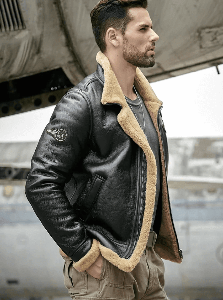 Mens Aviator B3 Shearling Fur Sheepskin Bomber Jacket Back