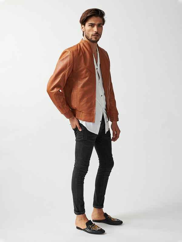 Mens Berlin Collarless Leather Jacket-19