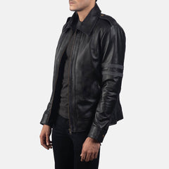 Mens Black Leather Biker Jacket with Grey Straps Tilt