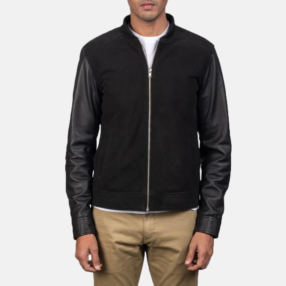 Mens Black Suede Leather Jacket Front