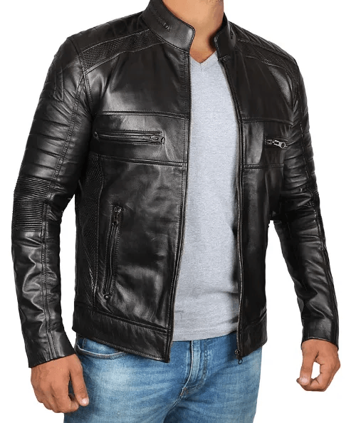Mens Black Cafe Racer Leather Jacket-1