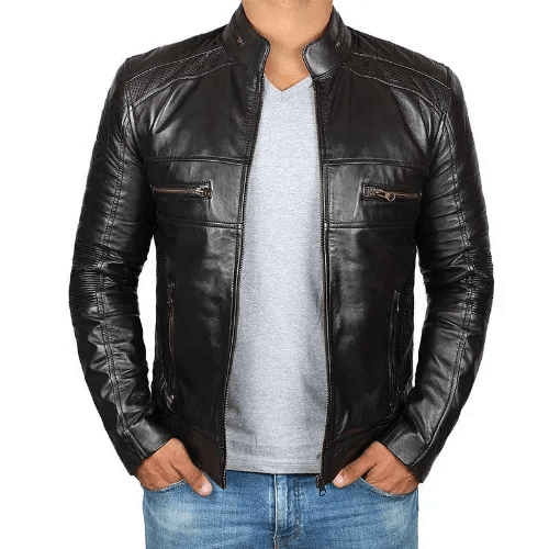 Mens Black Cafe Racer Leather Jacket
