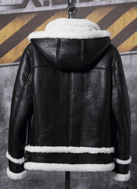 Mens Black Sheepskin Leather Bomber Jacket With Hood-4
