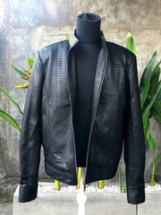 Mens Black Snake Style Sheep Leather Jacket-1