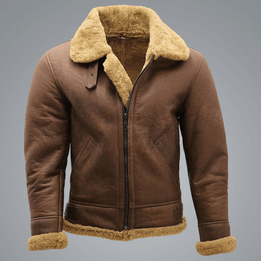 Mens Brown B3 Shearling Sheepskin WW 2 Bomber Jacket-1