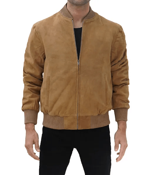Men's Brown Suede Leather Bomber Jacket-4