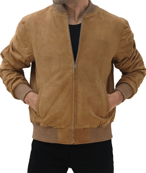 Men's Brown Suede Leather Bomber Jacket
