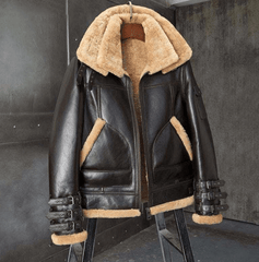 Mens Brown Triple Belted Cuffs Shearling Jacket Front