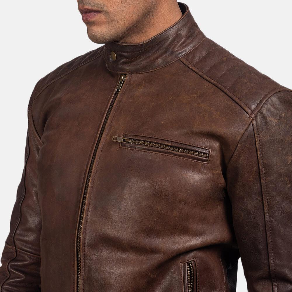 Mens Dean Brown Leather Biker Jacket Zoom