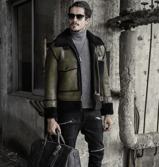 Mens Green RAF Sheepskin Shearling Aviator Jacket-1