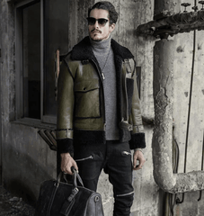 Mens Green RAF Sheepskin Shearling Aviator Jacket-1