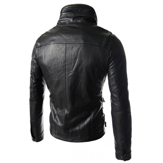 Mens High Neck Slim Fit Black Leather Biker Jacket Back