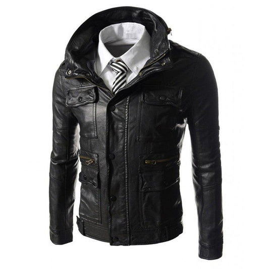 Mens High Neck Slim Fit Black Leather Biker Jacket Front