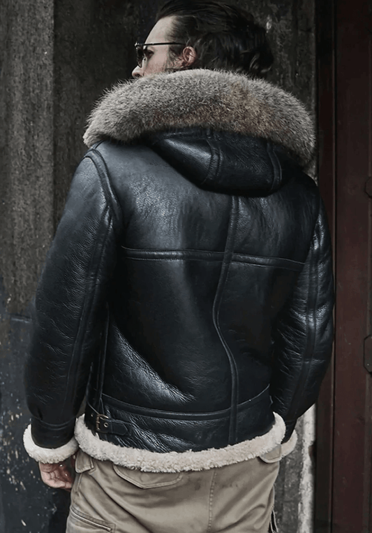 Men's Hooded RAF Aviator B3 Black Shearling Jacket Back