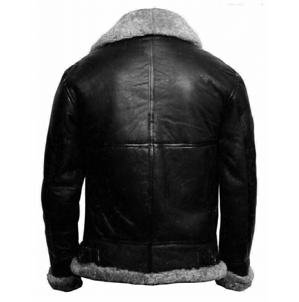 Mens RAF Aviator B3 Bomber Black Leather Shearling Jacket-1
