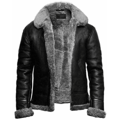 Mens RAF Aviator B3 Bomber Black Leather Shearling Jacket Front