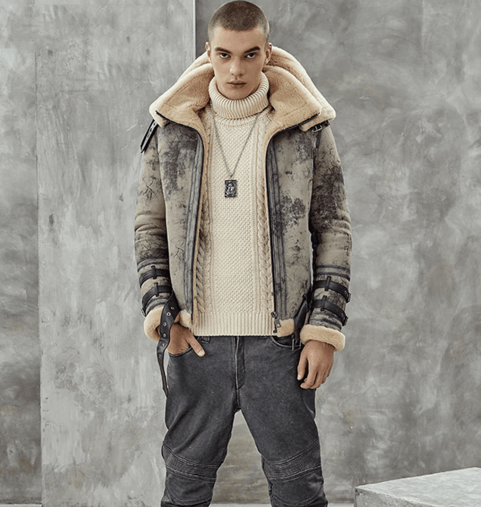 Mens RAF Aviator Double Collar Shearling Hooded Coat Front