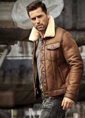 Mens RAF B3 Sheepskin Brown Leather Shearling Jacket-1