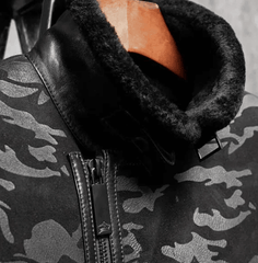 Mens RAF Black Camo Lapel Shearling Leather Coat-1