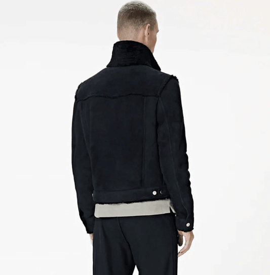 Mens Shearling Fur Black Suede Trucker Jacket Back