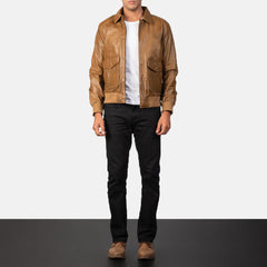 Mens Olive Brown Leather Bomber Jacket-5