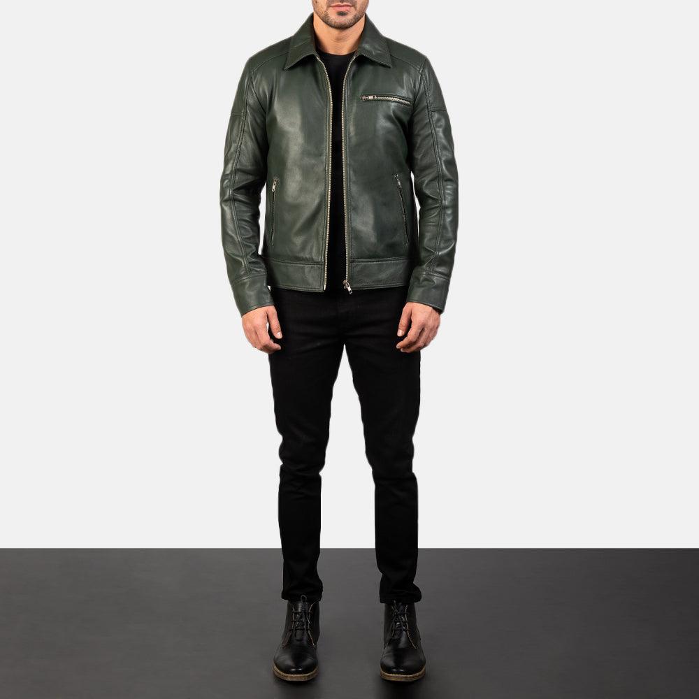 Mens Pine Green Leather Jacket-5