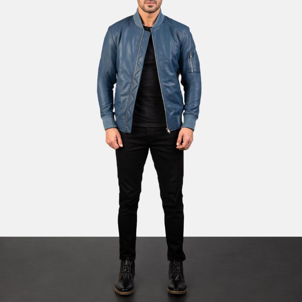 Sapphire Blue Leather Bomber Jacket-5