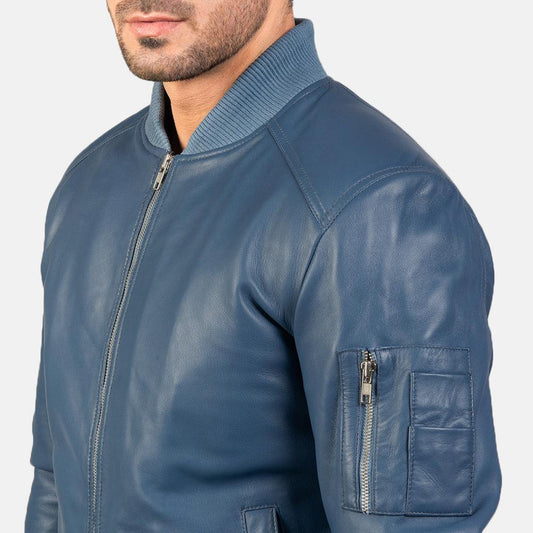 Sapphire Blue Leather Bomber Jacket-1