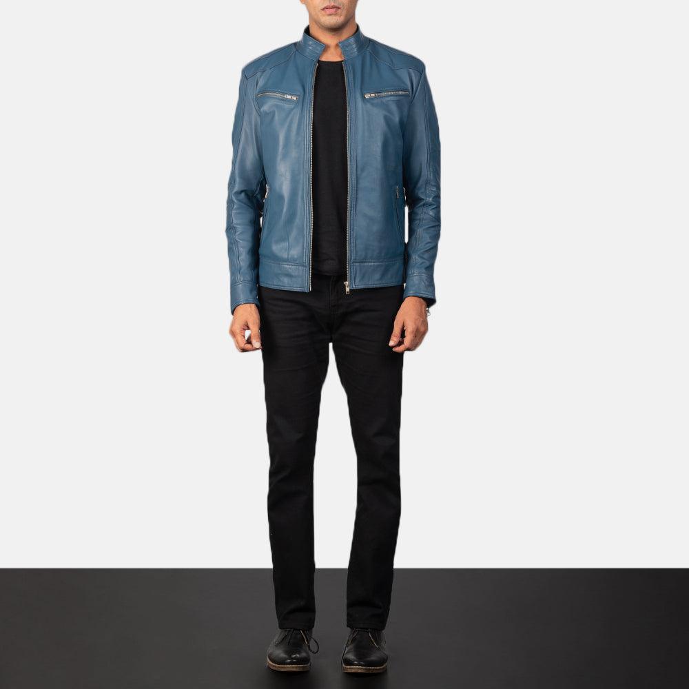 Sky Blue Leather Biker Jacket Men-5