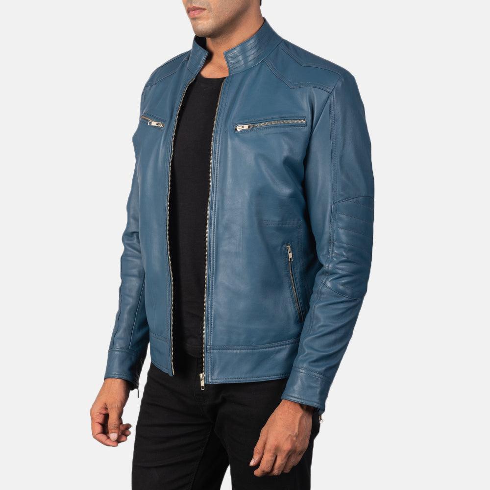 Sky Blue Leather Biker Jacket Men-4