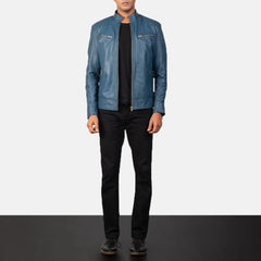 Sky Blue Leather Biker Jacket Men-5