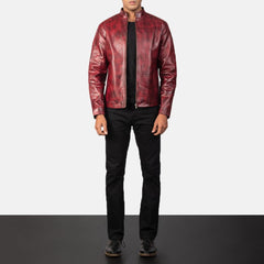 Mens Waxed Burgundy Leather Jacket-5